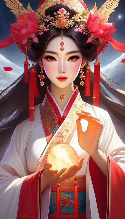 (masterpiece, best quality:1.2),，Nuwa holds the sacred stone，Fix the big hole in the sky。Her body is painted red，Symbolizes her courage and strength。Her hair and clothes are white，Symbolizing her purity and holiness。around her，is a dark sky，Symbolizes disa...