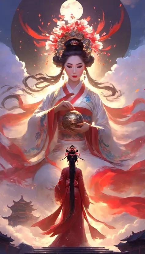 (masterpiece, best quality:1.2),，Nuwa holds the sacred stone，Fix the big hole in the sky。Her body is painted red，Symbolizes her courage and strength。Her hair and clothes are white，Symbolizing her purity and holiness。around her，is a dark sky，Symbolizes disa...