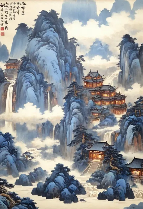 A majestic landscape painting,Meticulous,Inspired by thousands of miles of rivers and mountains,Fuchun Mountain Residence Map,Expression techniques of cirrus clouds,flat illustration,traditional Chinese painting,Chinese landscape painting,ancient chinese a...