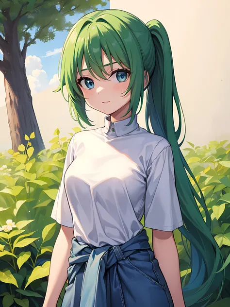 1 girl,One,Upper body,I look at the viewer,facing the viewer,Sonozaki Mion,long hair,green hair,High ponytail,split bangs,Blue eyes,yellow T-shirt,clothes around the waist,Jeans