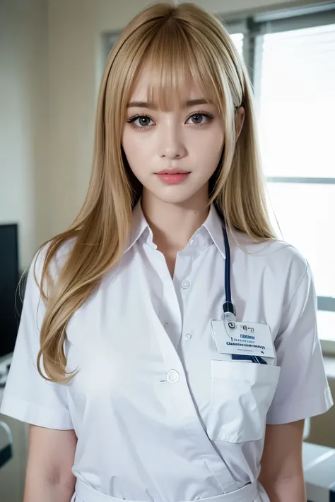 highest quality, masterpiece, 8k, ultra high resolution, (realistic: 1.4), 1 girl, beautiful face, symmetrical eyes, big, perfect body proportions, ((Bangs Patsun))、(blonde), nurse uniform, the gaze of the beholder, (Inside the hospital: 1.2), Front view, ...