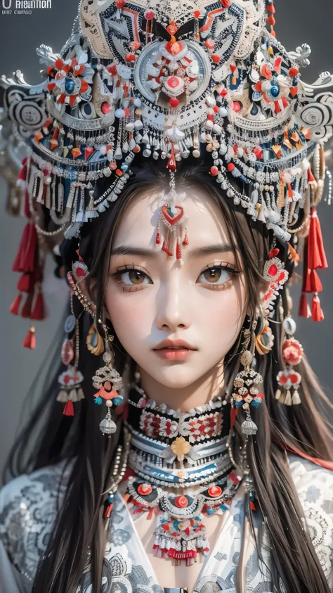 (good structure),high dynamic range,ultra high definition,8k,1 girl,Chinese Yi costumes,silver metal headpiece, brown eyes, earrings, have, jewelry,Yi ethnic metal jewelry,A huge metal have,Headwear metal tassels,Silver metal have, lace, lace trim, lips, l...