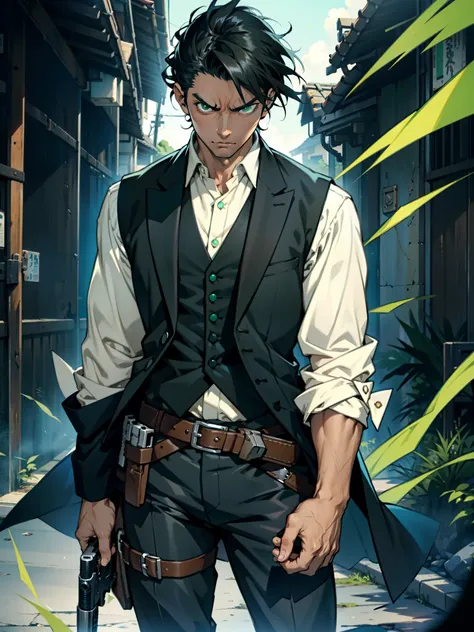 1 young black-haired man, long black vest, serious look, anime 1 man, make foicus, solo, solo focus, green eyes, full body shot, cowboy shot, long black vest, serious look, anime, holding a gun, holding weapon, holding a pistol, holding a revolver, finger ...