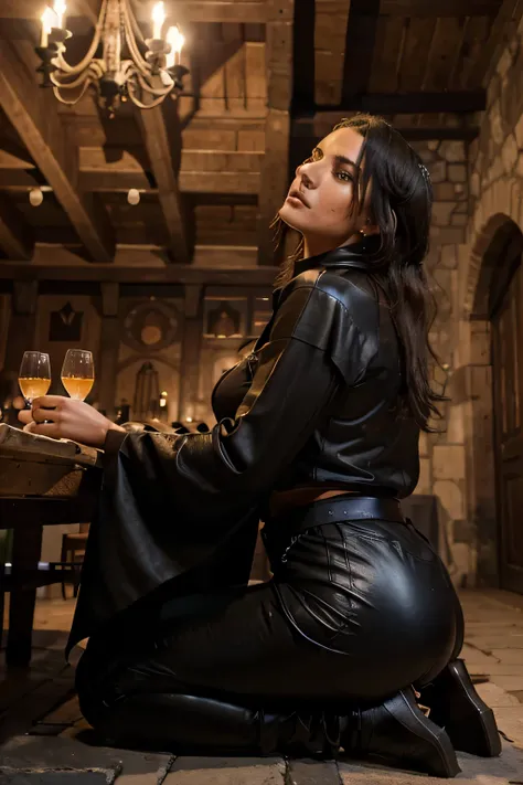 medium shot, photo of Sensual Sweaty italian female lady of the castle, wearing Blouse and Leather pants, large black cloth cloak,in tavern, on her knees doing a blow job to a black man ,photo is taken from her side (skin texture), Fujifilm XT3, DSLR, 50mm...