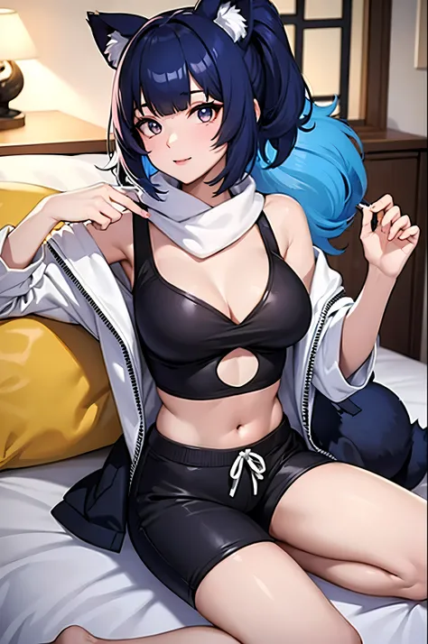 (Feminization:1.5), furry raccoon, (Michiru:1.1), (Luna Crop Top:1.1), crop top, (Luna Shorts:1.1), Bottoms,, 1 girl, alone, blue hair, (multicolored eyes), Raccoon ears, two tone hair , bedroom