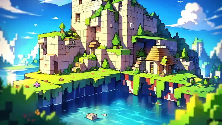 Minecraft Anime World, Pixel art masterpiece, 1.8, Blocky anime figure, Brick textures with vibrant colors, Detailed landscapes of interconnected Minecraft blocks, Green grass blocks under the sun, Clear blue water reflecting the sunset, Minecraft-inspired...