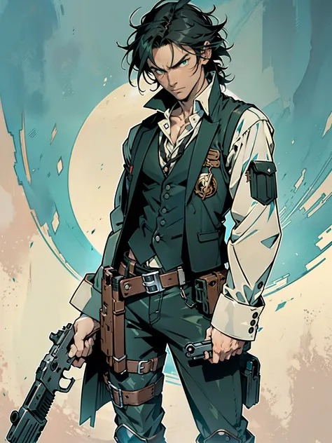 1 young black-haired man, long black vest, serious look, anime 1man, make focus, solo, solo focus, green eyes, cowboy, bounty hunter, ((full body shot, cowboy shot)), serious look, anime style, ((holding a gun, holding weapon, holding a pistol, holding a r...