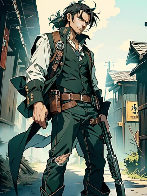 1 young black-haired man, long black vest, serious look, anime 1man, make focus, solo, solo focus, green eyes, cowboy, bounty hunter, ((full body shot, cowboy shot)), serious look, anime style, ((holding a gun, holding weapon, holding a pistol, holding a r...