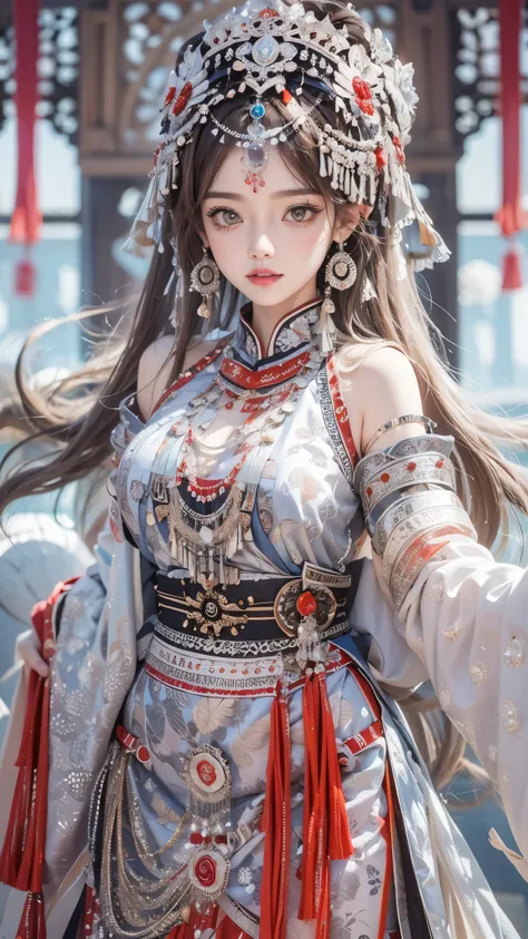 (good structure),high dynamic range,ultra high definition,8k,1 girl,Chinese Yi costumes,silver metal headpiece, brown eyes, earrings, have, jewelry,Yi ethnic metal jewelry,A huge metal have,Headwear metal tassels,Silver metal have, lace, lace trim, lips, l...