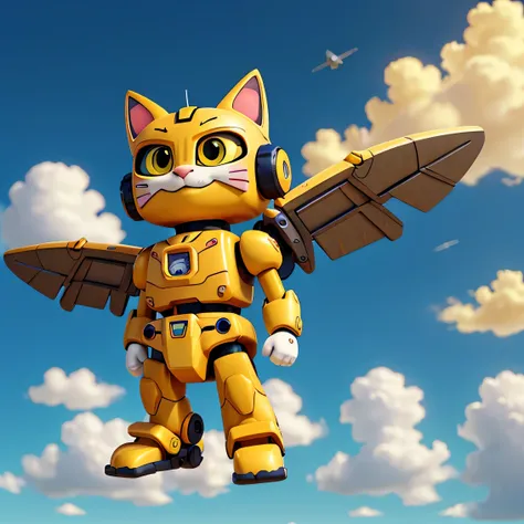 yellow mechanical robot warrior cat flying across the sky between the clouds towards the sun , estilo meca, anime mecanico partes reluzentes de metal em pose de batalha, Tokusatsu, metal hero cat