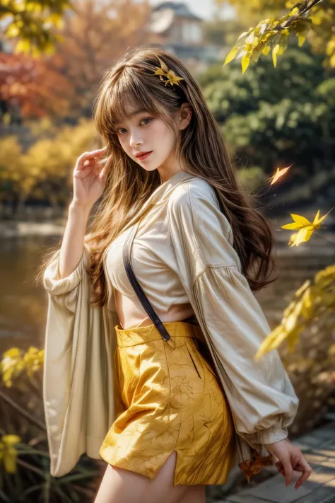 ​masterpiece、8K、32K、top-quality、(A detailed eye)、(A cute Japanese woman、bangss)、23years old、1 girl in、elegent、(Detailed background depiction、portlate:1.2)、(suspender mini skirt)、(yellow fallen leaves:1.3)、cowboy  shot、ssmile、(zoomout)