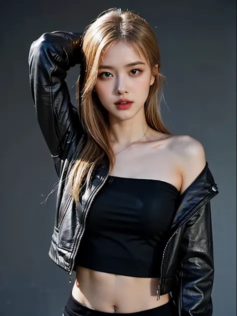 (8k、RAW Photos、top-quality、​masterpiece:1.2)、(realistic Photo-realsitic:1.37)、1girl in、japanese, 18-years old, face lights, Detailed face、Detailed lips, (wearing a black faux leather jacket over silver metallic sports bra:1.5), (exposed right shoulder and ...