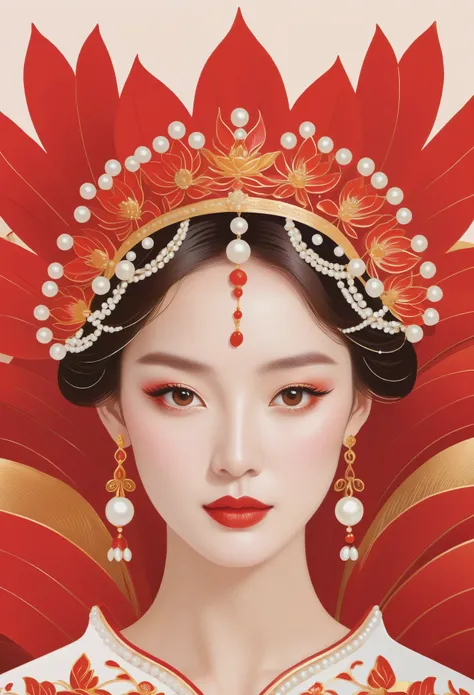 flat，Vector，meticulous painting，simple lines，beautiful girl，portrait，phoenix crown，fringed tiara，Pearl crown，red， Lotus leaf background
