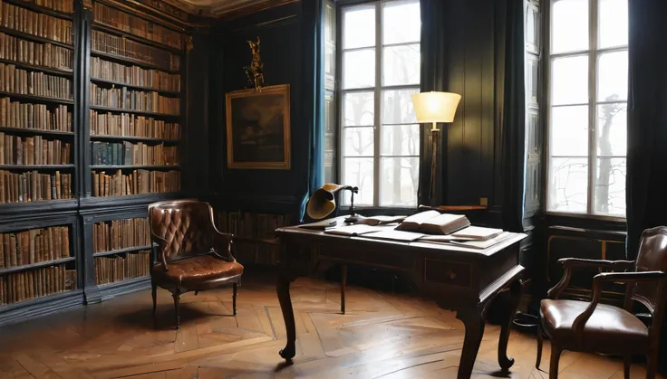 we could imagine an old library, filled with leather-bound books, with a solid wood desk where a quill and ink rest. Les murs seraient ornés de citations inspirantes et de portraits de penseurs influents, reflecting his love for literature, theater and soc...