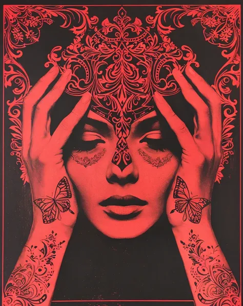 (best quality, masterpiece:1.2), a bold monochrome ruby red screen print of a female face, hands framing the forehead, interlace...