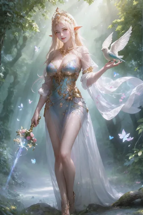 Girl with pointy ears, flowing hair, and a crown, Holding a magical staff, Standing in the middle of the enchanted forest. She wore a flowing robe of elven silk，decorated with intricate floral patterns. The forest is full of towering ancient trees, Shimmer...