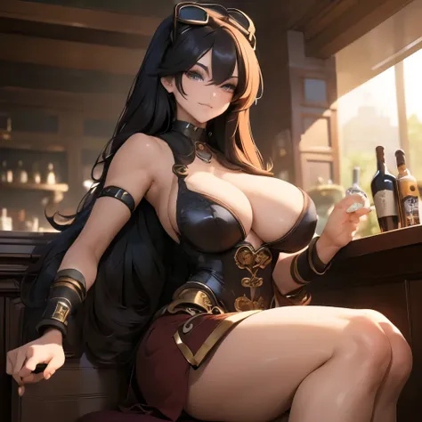 masterpiece. A full-body picture of a gorgeous model ((stunning face, smokey anime eyes, thin eyebrows, long eyelashes, flirty smile, winning smile, mid-twenties, DD-size breasts, anime hair)) with a playful smile, full body shot. steampunk style, Steampun...