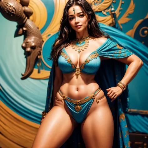 (best quality,4k,8k,highres,masterpiece:1.2),ultra-detailed, Taino Goddess Atabey, m1ch3ll3r-v2, Milf, wide hips, smiling maternally, warm motherly smile, looking at viewer, drawn in the style of Yoshitaka Amano, HDR, 8k, absurdres, cinestill 800, sharp fo...