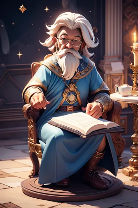 Criar uma imagem 3D, o Mestre Merlin, senhor de 60 anos de idade, feiticeiro, poderoso, velho de cabelo branco, chapel grande, imagem no fundo com muita alquimia e magia , sua capa azul-escura, cheia de estrela