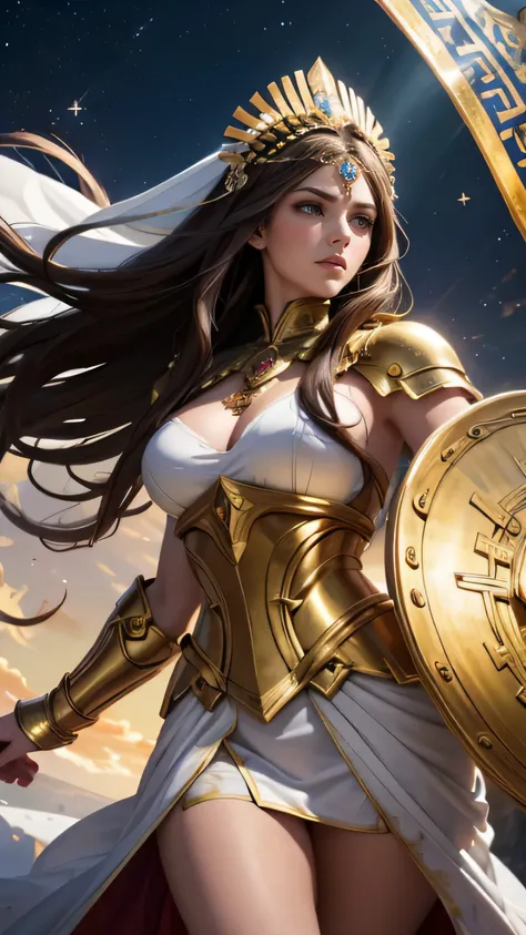 (best quality,4k,8k,highres,masterpiece:1.2),ultra-detailed,(realistic,photorealistic,photo-realistic:1.37),sexy Athena,(brown hair:1.1),(cosmic Ancient Greek armor:1.1),intense gaze, Greek goddess,powerful presence,warrior stance,divine beauty,graceful si...