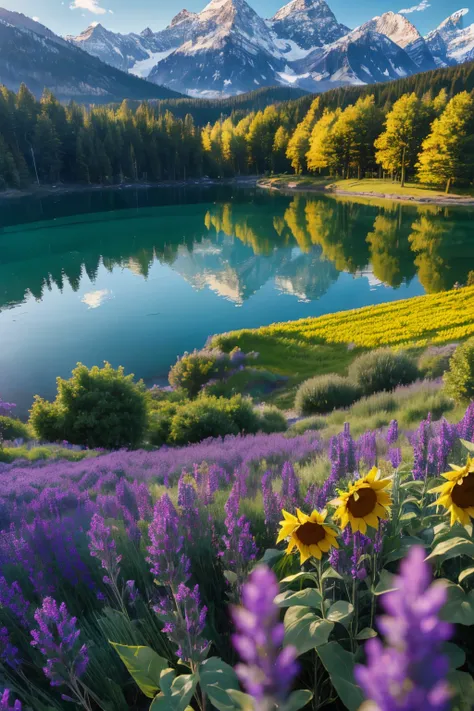 (best quality,4k,highres,masterpiece:1.2),ultra-detailed,realistic, HDR, UHD, professional, vivid colors, bokeh, sharp focus, physically-based rendering, lake, breathtaking scene, fir trees, pine trees, oak trees, lavender, sunflowers, cold waters