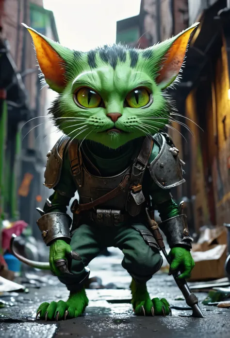 A tough alley cat is hunting mouse sized goblins(,Green skin, garbage armor, scrap metal weapons, not brave, very big heads),seedy, dimly lit alleyways,(best quality,4k,8k,highres,masterpiece:1.2),ultra-detailed,realistic:1.37,portraits,vivid colors,green ...