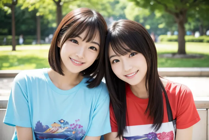 two 女性 are smiling and posing for a picture, Japanese facial features, asian women, beautiful japanese woman face, exclusive, beautiful face, Two Japanese women posing, gorgeous face, late 20s, T-shirt, casual clothes, The background is a park,