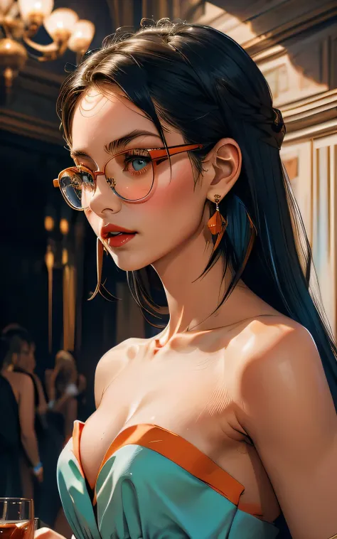 1girl, bare shoulders, black hair, small breasts, cleavage, collarbone, dress, earrings, glasses, lips, long hair, makeup, blue and orange color dress, solo, strapless, strapless dress, 
masterpiece, best quality,