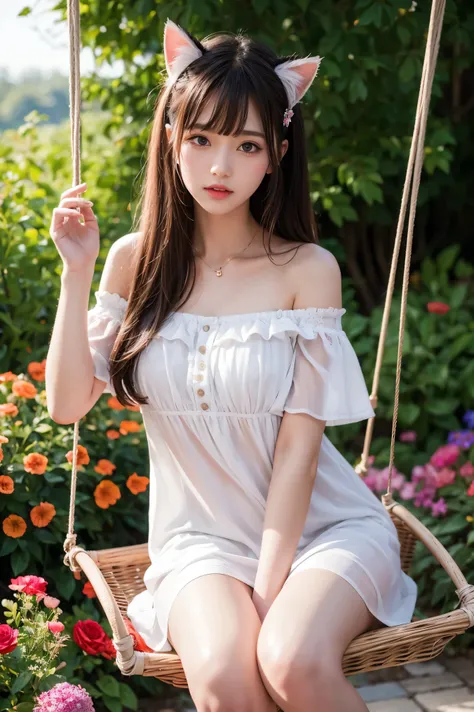 (best quality,high resolution,masterpiece:1.2),1 girl,off shoulder dress,stockings,pink eyes,long hair,bangs,cat ear decoration,sitting on a swing in a blooming garden,vivid colors,soft sunlight,romantic atmosphere