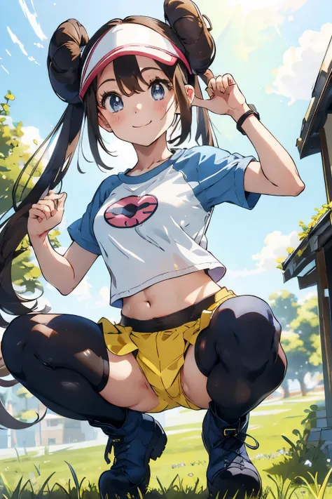 table top、highest quality、High resolution、1 girl、solo、short height、thin legs、belly button、smile、tits、dark brown hair、bun hair、blue eyes、long twin tails、visor cap、((black tights、boots))、raglan sleeves、white panties、((short yellow shorts))、shirt、pink ribbon、...