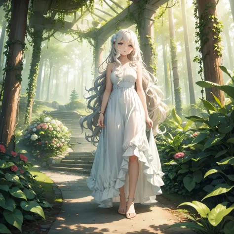 A woman, wavy hair, long hair, white dress, no shoes, place, forest, full of plants, flowers 