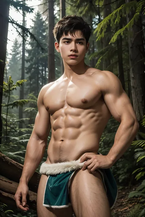 handsome teenage caveboy, very short hair, fur loincloth, deep pine forest