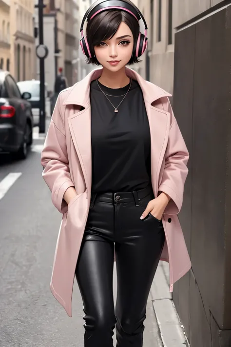 Cute woman, short bob hairstyle, headphones, gentle smile, blushing, glossy lips, black t shirt, pink denim overcoat, black cargo pants