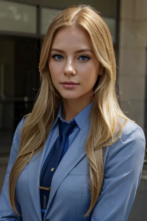 Beautiful female news reporter, Have long blond hair, blue eyes and shiny lips, wearing a suit, News spot newspaper