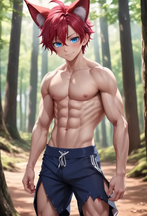 1boy, aki, crimson hair, crimson animal ears, masterpiece, ultra detail, forest, blue eyes, ripped abs, chiseled abs, chiseled p...