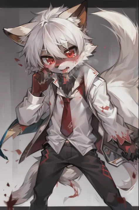 Antro, Furry, male furry, fox, kemono, chibi, red eyes, white fur, fox ears, fluffy tails, bleeding in mouth, bleeding in nose, blood in stomach, holding stomach, face hurting, tears blood,white jacket, blood in jacket, detailed eyes, UHD, Best resolution,...