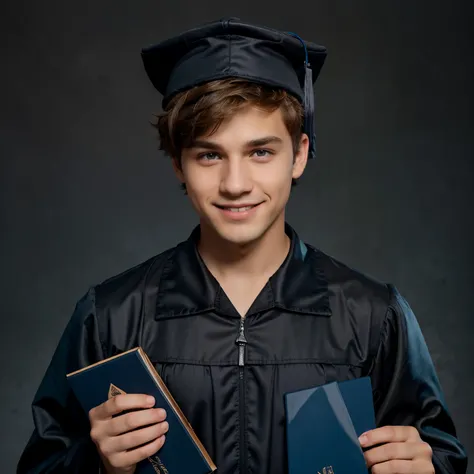 A boy with hazel eyes and brown fluffy hair on top with short hair on the sides is holding a diploma and is wearing a black cap and gown he is smiling and the background is shades of blue and grey