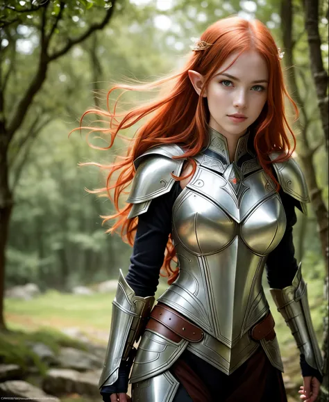 Masterpiece, a beautiful female elf knight (Nata Lee), bright eyes, red hair, broad shoulders, strong body, high detail pale skin with light freckles, high detail filigree armor,  outside, (skin texture:1.1), best quality, ultra high res, Raw photo, Nikon ...