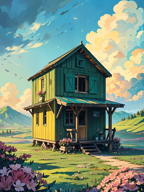 (masterpiece:1), (full wide view:1.5), (a beautiful old wooden abandoned hut:1.6), (lo-fi environment:1.3), (valley of flowers:1.5), (movie scene:1.3), silence, (cloudy sky:1.4), (soft dull glow of green and yellow tones:1.4), magnificent sky, (Dim volumet...