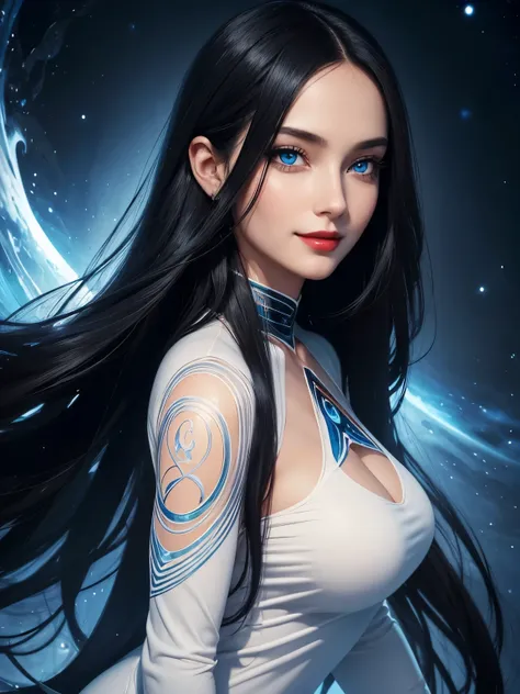 Portrait, beautiful woman with long flowing black hair, wearing a tight white shirt, hourglass figure, symmetrical figure, highly detailed face, beautiful face, calming blue eyes, lush red lips, smiling, alluring, stunning digital illustration, 8k cosmic e...