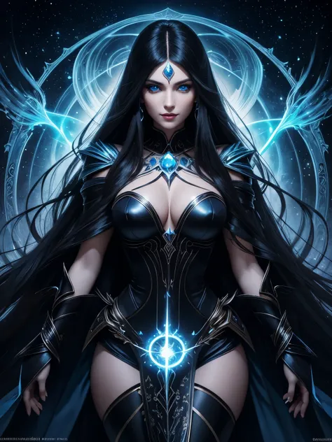 Portrait, beautiful evil sorceress with long flowing black hair, staring deep into your eyes with her mesmerizing blue eyes, casting a spell on you with her eyes, hourglass figure, symmetrical figure, highly detailed face, beautiful face, lush lips, smilin...