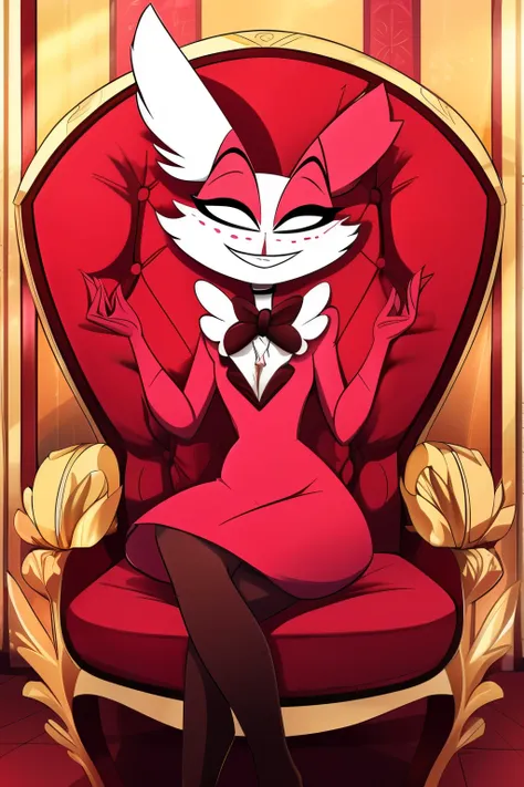 pink anthropomorphic bunny, clad in elegant outfit, sits regally in a luxurious red business chair. with a sensitive, dignified ...