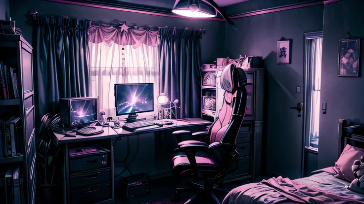 high quality background, vtuber, streaming screen, girly room, cute, but, gaming chair, lattice window, moonlight leaking from o...