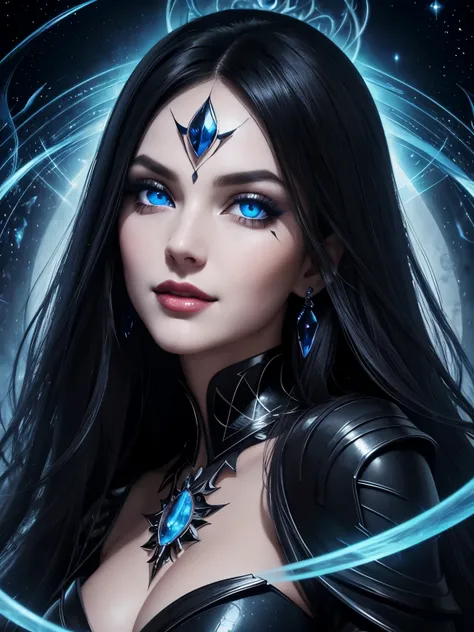 Portrait, beautiful evil witch with black hair, up close staring deep into your eyes with her mesmerizing blue eyes, seductively casting a spell on you, hourglass figure, symmetrical figure, highly detailed face, beautiful face, lush lips, smiling, allurin...