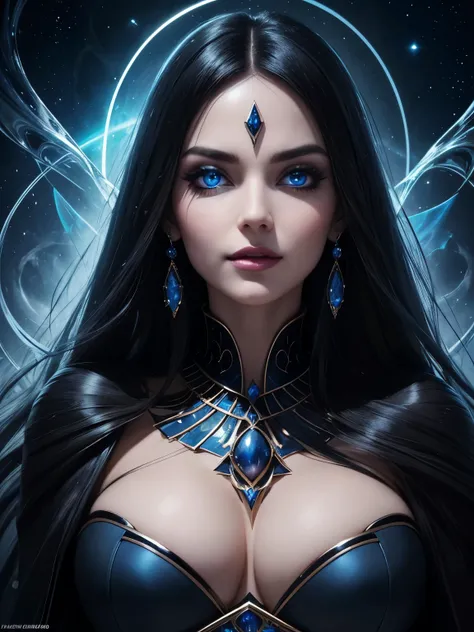 Portrait, beautiful evil witch with black hair, up close staring deep into your eyes with her mesmerizing blue eyes, seductively casting a spell on you, hourglass figure, symmetrical figure, highly detailed face, beautiful face, lush lips, smiling, allurin...