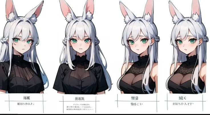 ((Masterpiece, Highest quality)), ((Tsurime)),Detailed face, character sheets, full bodyesbian, 1girls,shoun，childrens，Babe，green eyes, White hair, varied hairstyles, hair between eye, Black loose blouse, Full of details, poses and expressions, Highly deta...