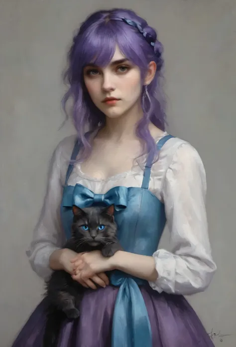 young frederica bernkastel, bangs, blue bow, blue hair, blunt bangs, bow, breast hold,  cat tail, crossed arms, dress, long hair, long sleeves, purple eyes ((style of Casey-Baugh)), Renaissance, pin-dot art,((oil painting knife)), rainessanse older gradien...