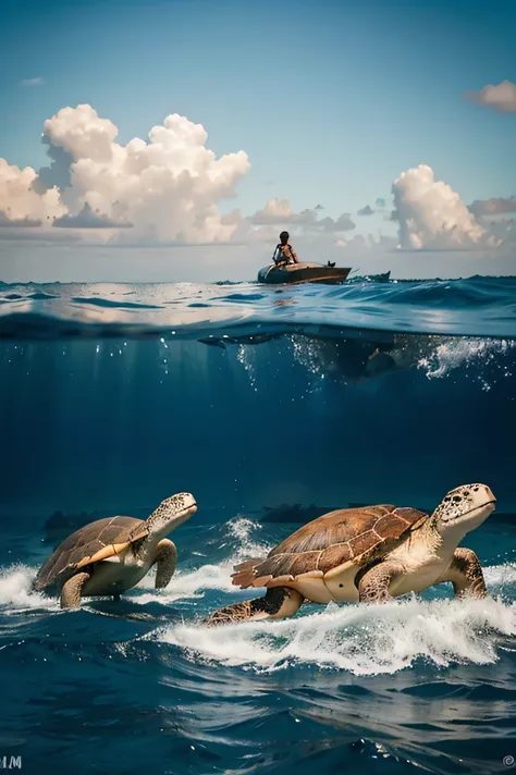 2 tortugas en el fondo del oceano nadando tranquilamente