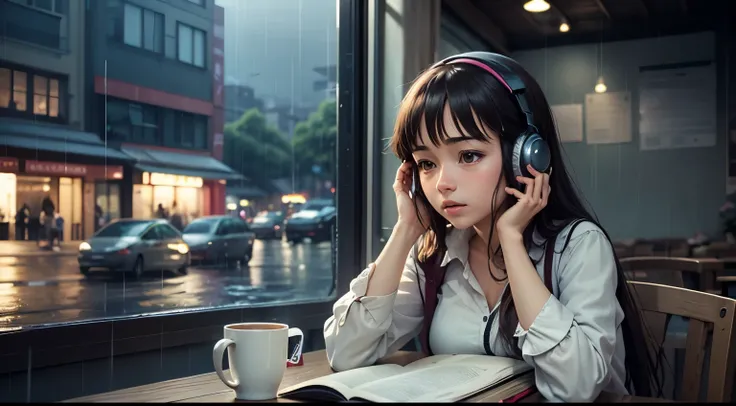 Its Ghiblis background, and the female protagonist is looking straight ahead and studying at a cafe with headphones on. Its raining slowly outside.