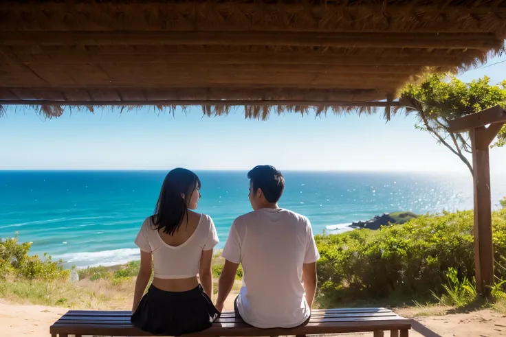 here are two people sitting on a bench looking out at the ocean, full shot of landscape, on the cliff, overlook the ocean, shot on 7 0 mm, shot on 70mm, looking over the horizon, sunny environment, Big, sitting, beginner, overlook, slide show, In a scenic ...